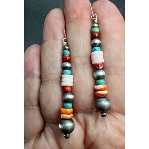 Hand Strung 925 Silver Turquoise Pink Conch Navajo Pearls Coral Spiny Earrings
